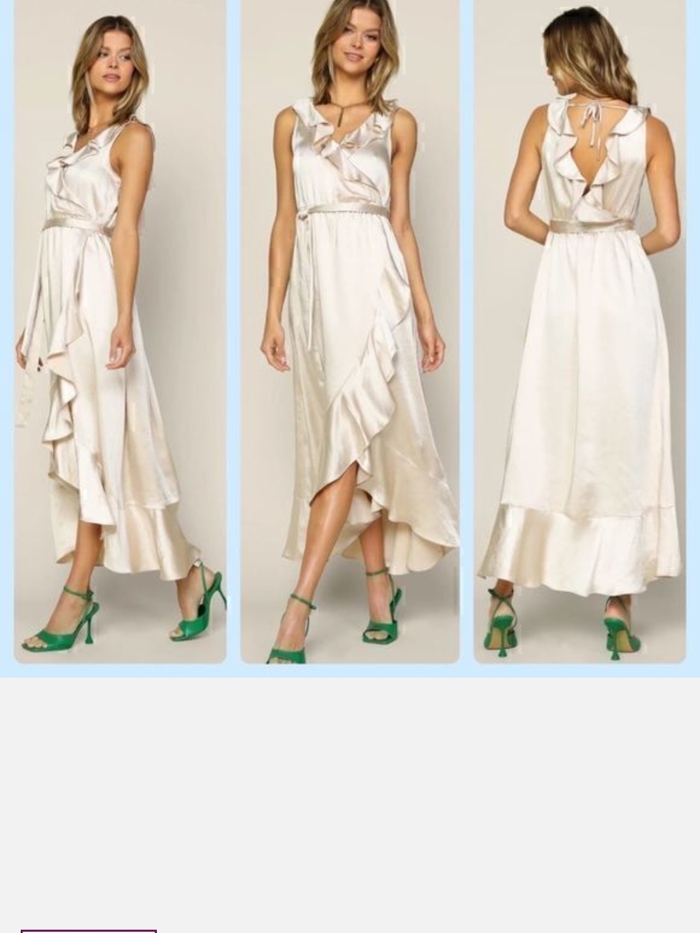Skies Are Blue Champagne Satin Ruffle Wrap Maxi Dress - Picture 9 of 9